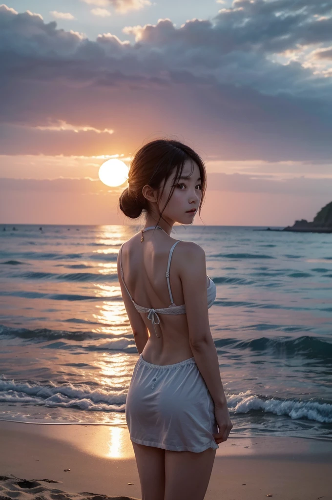 01 30 year old Chinese girl, watching the sunset on a beach, with its back to the audience in the background the image of the sun setting into the sea, Romantic atmosphere, high resolution image best quality