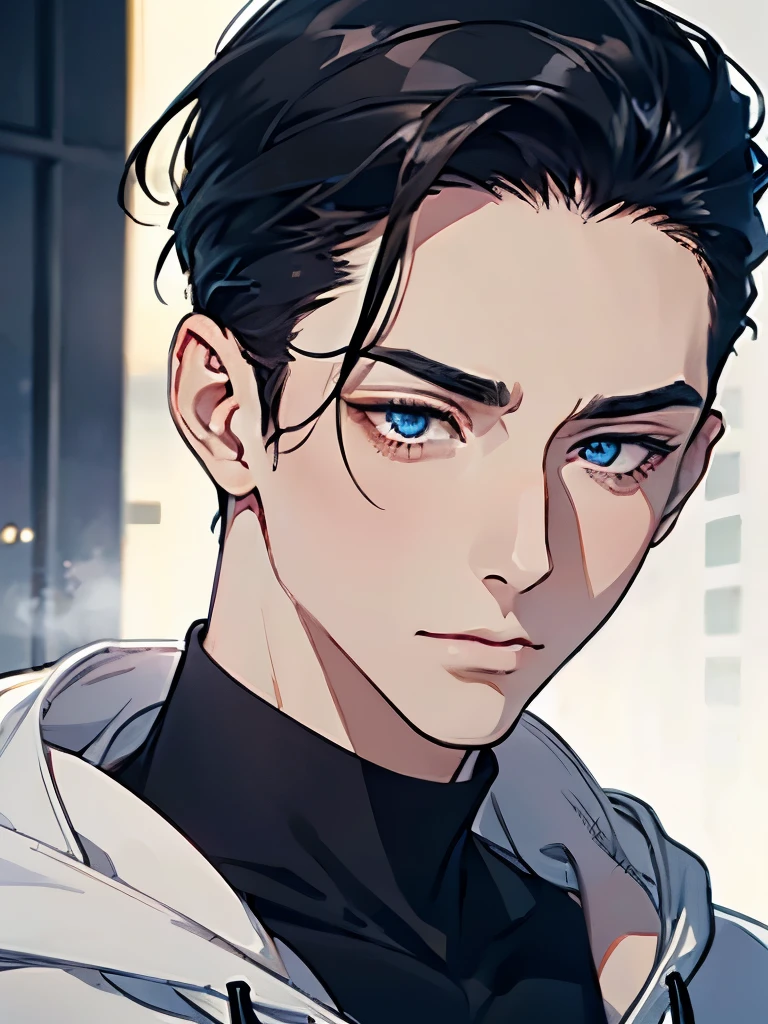 1 male mature, A man, simple, eye contact, face close-up, asian eyes, pale skin, black hair, dark blue eyes, half closed eyes, small eyes, elegant, hair slicked back, hoodie. Office Background. CEO.
