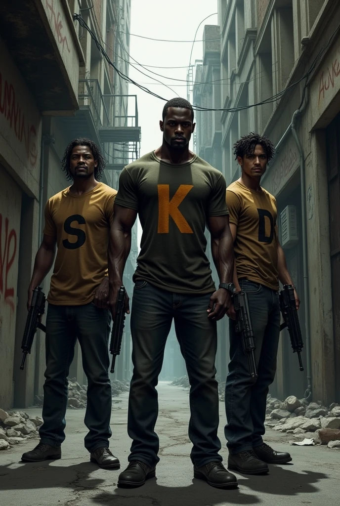 Three men, one dark-skinned and two skin-colored, with weapons and on their shirts the letter (s) the other the letter (k) and the other (D)