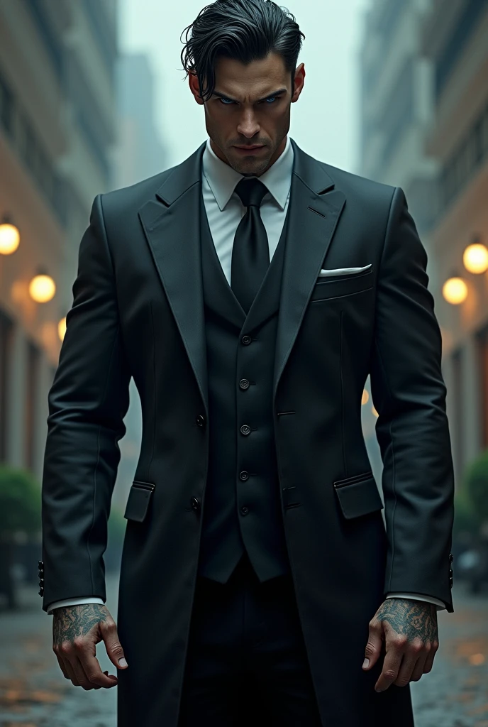 Tall man, almost 2 m tall, black hair, intense blue eyes tending to grey, thick and pink mouth, pale, muscular, with tattoos on his arm, intense look, tailored suit, turned up nose, about 30 years old