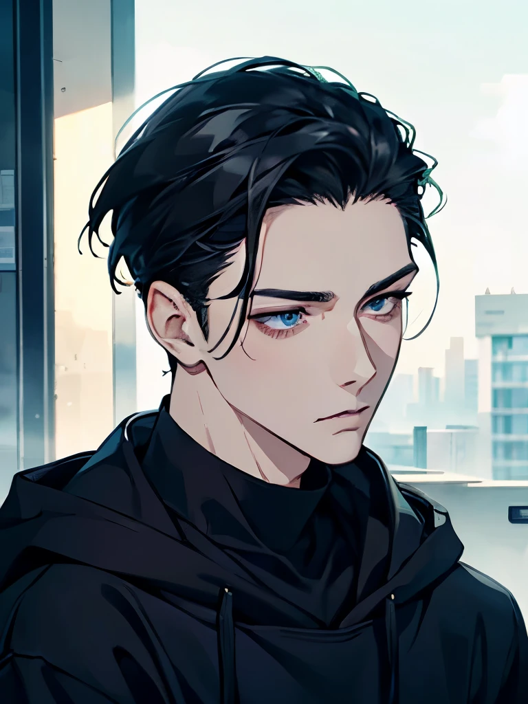 1 male mature, A man, simple, eye contact, face close-up, asian eyes, pale skin, black hair, dark blue eyes, half closed eyes, small eyes, elegant, hair slicked back, hoodie. Office Background. CEO.