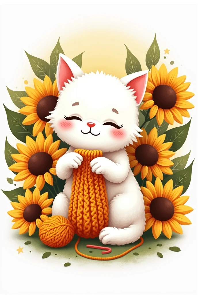 Logo for a crochet knitting business with the name Pelucitas Maseg with a border of sunflowers and a white cat knitting