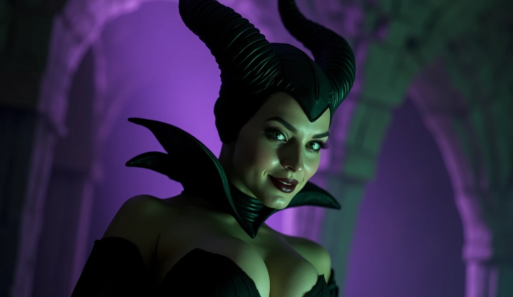 A stunning portrait of Maleficent, emphasis on her horns, purple highlights, purple reflected light, in the nude, young and beautiful, hyper realistic, real portrait, backlit, exquisite features, cleavage, sexy, seductive, unnatural light, soft light, location is the interior of a dungeon, green light, eerie, purple highlights:1.4, she is smirking, she is busty, her chin is raised, looking down at viewer, low angle shot, exquisite features, exotic, high cheekbones