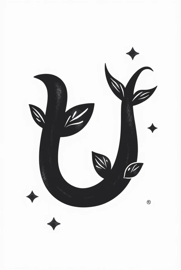 A lowercase letter u with a fish theme drawn in black and white for advertising with a white background