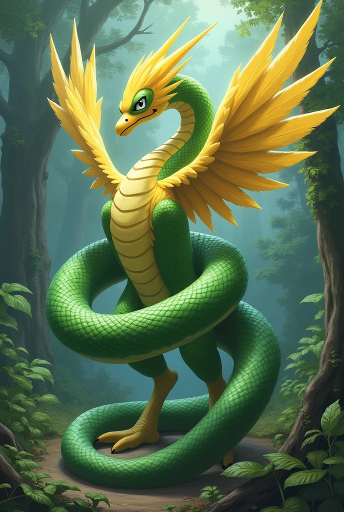 I want you to take a picture where a green snake hugs the pokemon zapdos, and both have to appear