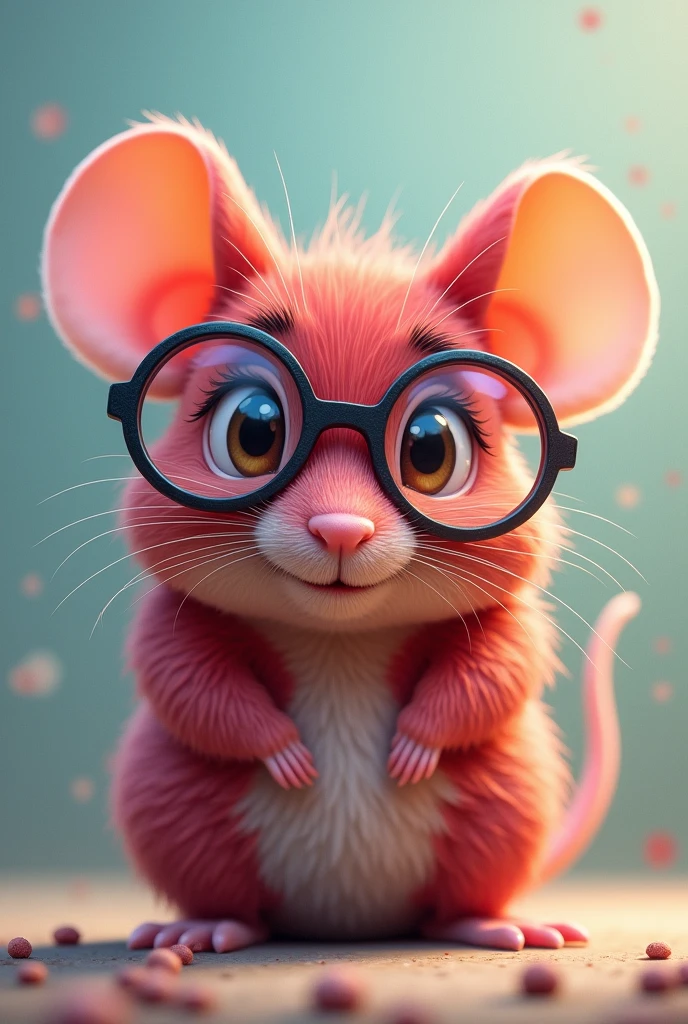 Create a selfie taken by a mouse with red-purple fur, with round lenses 