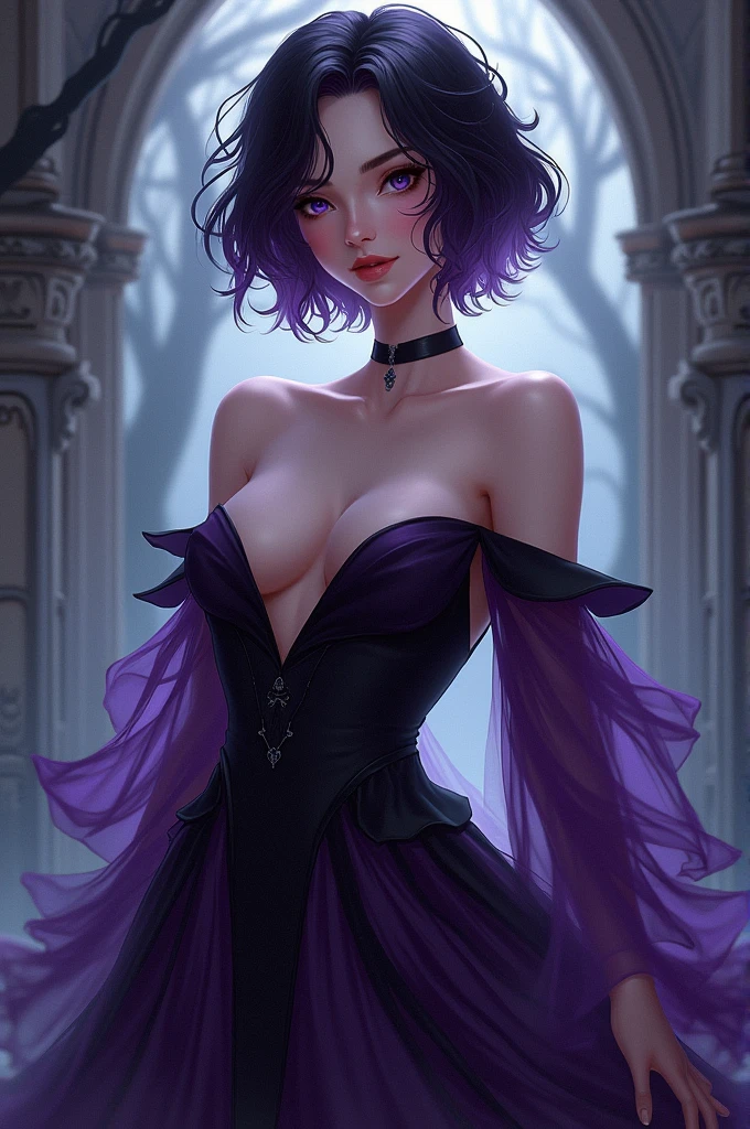 Female character purple and black wavy hair short dress