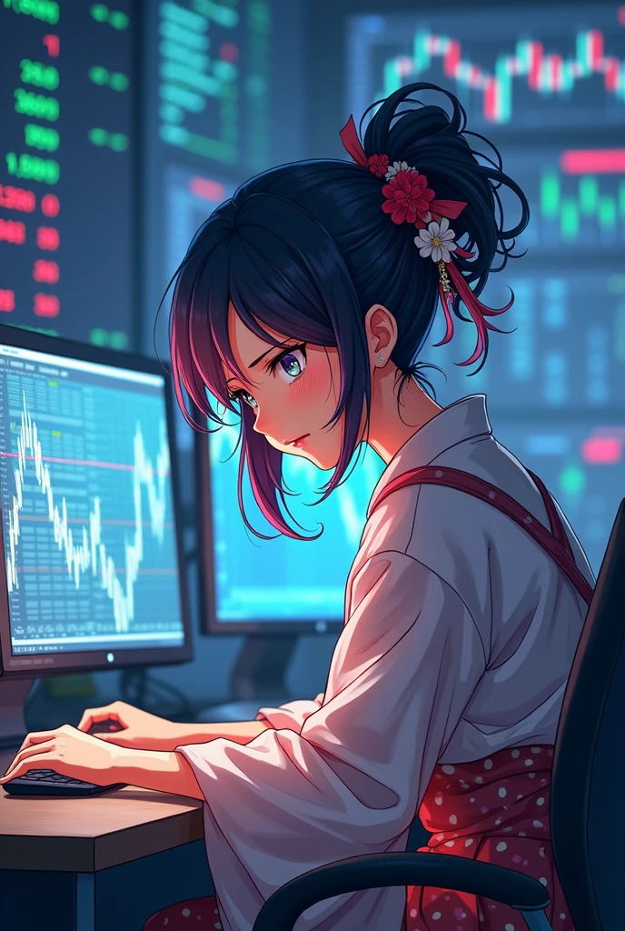 Bad trader,trend,Looking at the charts,PC is struggling,Japanese style anime woman