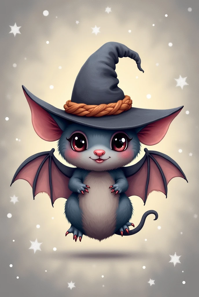 A cute bat with big eyes and a witch hat on its head against a background in grey with speckled dots 