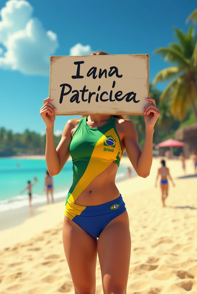 A girl playing beach volleyball, wearing the Brazilian kit and holding a sign that covers his face and says: I LOVE ANA PATRICIA