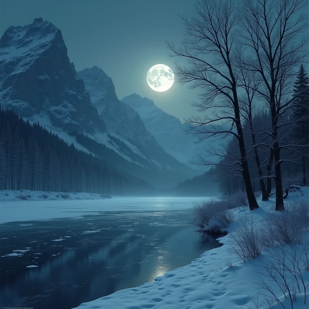 winter landscape, with mountains covered in snow and ice under the light of the full moon. at the center, a froze lake reflects the moon. the bare trees, covered in frost, stand along the shores of the lake. a cold and sad atmoshpere, creating a sense of terror. in the style of theodor kittelsen.