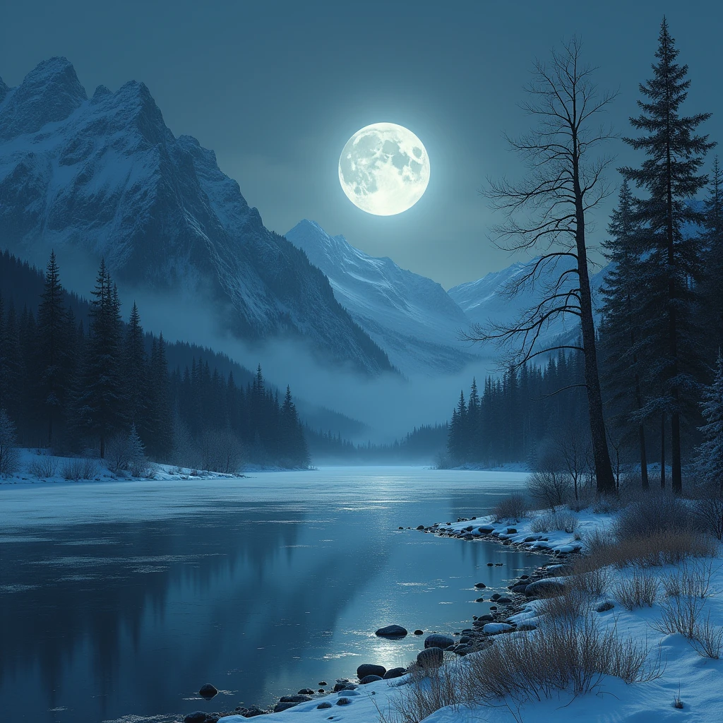 winter landscape, with mountains covered in snow and ice under the light of the full moon. at the center, a froze lake reflects the moon. the bare trees, covered in frost, stand along the shores of the lake. a cold and sad atmoshpere, creating a sense of terror. in the style of theodor kittelsen.