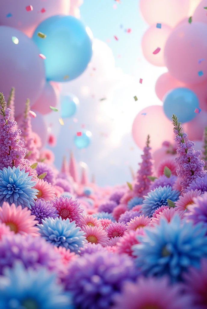 I want a flower party theme with balloons, confetti in lilac and blue, without people, just flowers 