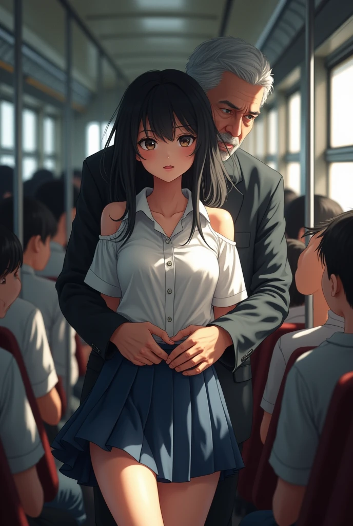 ((Highest quality, 8k, RAW Photos, masterpiece :1.3)), (Realistic、Realistic:1.37)、Very detailed、Ultra-high resolution, (Professional Lighting), ((From above:1.2)),((Full body photo)),Small breasts、Perfect Face、Beautiful expression、Beautiful Face、Beautiful Eyes、1 high school girl、Real beautiful girl、Beautiful black hair、(No bra、Schoolgirl uniform、Button-down shirt:1.2、Off the shoulder、Shoulders exposed:1.3,Mini Pleated Skirt)、(Inside a crowded train with sunlight streaming in、Beautiful girl leaning on a man、A woman has her breasts touched by a man、A chubby middle-aged Japanese man hugs a high school girl from behind on a train)、((((middle-aged man standing behind a woman、A man touches a woman's breasts:1.3、A man lifts a woman's skirt to see her panties:1.2、Button-down shirt:1.2))))、caress、Embarrassing expression、Blushing、The man has a vulgar look、Man hugging