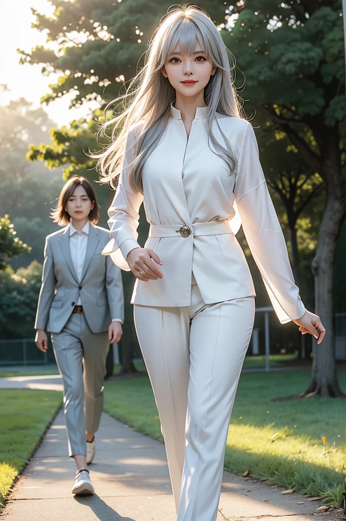 RAW PHOTO, Elegant mature woman, Silver Hair, Long Hair, bangs, pants suit, White blouse, Soft Light, high quality, 4K resolution, (walking in a park:1.3), (summer sunset:1.2), smile 