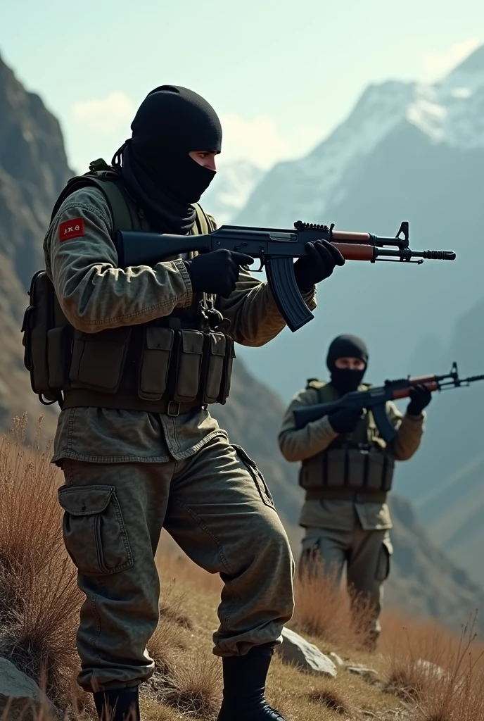 PKK in the mountains with Kalashnikovs in their hands, their faces covered with pushhies