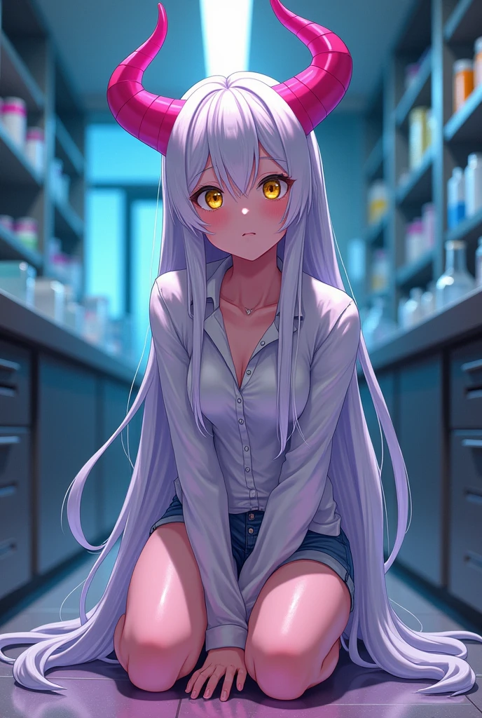 Fais de moi une fille dans le style anime elle est adolescente
Elle a la peau rose foncé, et des corne cornes roses, ses pupilles sont jaunes, elle a de longs cheveux blancs et lisses qui tombent jusqu'au sol.
elle est agenouillée sur le sol d'un laboratoire, elle porte une chemise blanche, elle a un visage ferme et une surprise