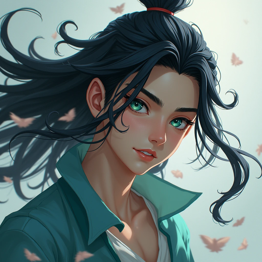 long black hair, teal blue eyes, long lashes, white and pale skin. smooth. (((masterpiece))) male. Young male. sexy. No facial hair or body hair. Delicate and pretty facial features. He's beating someone's ass.