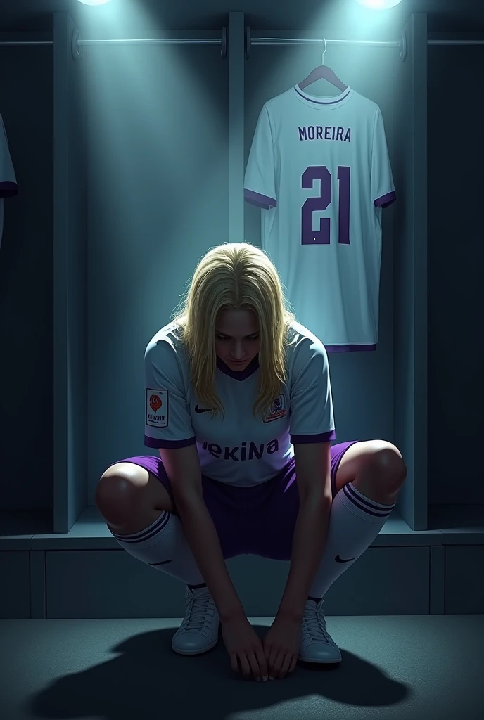 Make an image of ONE player tying his boots alone, with lights completely obscuring his face and him with a medium-sized, blonde braid, the locker room is dark and the spotlights are shining on him and the Galados City team, uniform in white and purple colors and I want you to put a shirt behind it with the number 21 and the name MOREIRA