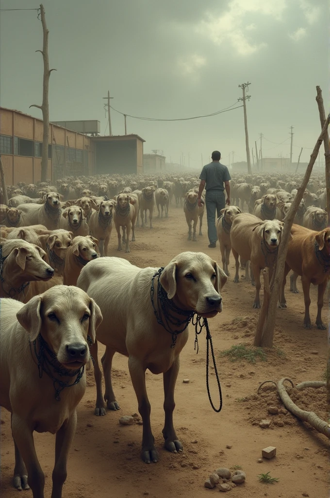 Image: In a desolate and arid field, The farm animals are chained, visibly malnourished and exhausted. Some are working under the scorching sun, with expressions of despair and exhaustion. In a corner of the vignette, fierce dogs are seen, Escorting a group of arrested animals, that are pushed into a cage or holding area. The sky is grey, reflecting the oppression and hopelessness that reigns on the farm.