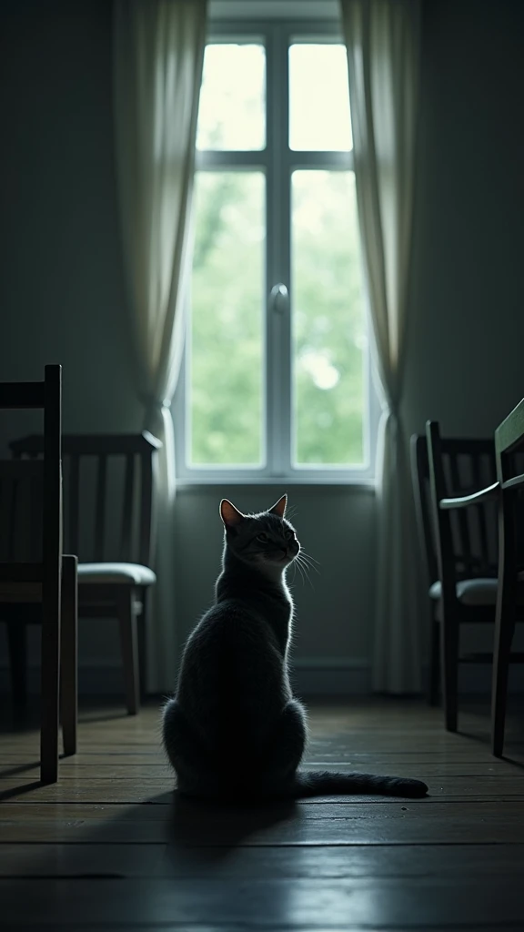 A scene of a cat looking lonely and isolated, left alone in the house for a long time. The cat gazes out the window, waiting for the owner to return. The background shows an empty room, emphasizing the cat’s solitude as it waits all by itself. 8K