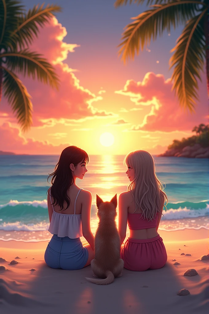 A couple of two girls watching a sunset with their dog with his ears down on a tropical beach