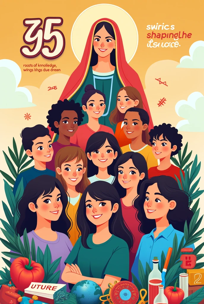 Poster design:

foreground: Group of smiling and diverse teenagers, representing the students.
second plan: An image of Santa Rosa, patron saint of the school, with a serene and protective expression.
bottom: Un cBege colorido de elementos escolares:

mathematical symbols (p, +, -, ×, ÷)
Letters and open books Musical instruments (guitar, flute, Piano)
Cookware (Be, wooden spoon, chef hat)
Elements of science (test tubes, microscope)
Art supplies (Brushes, Color palette)


On top, in big, bold letters: "35 years shaping the future"
Creative slogan (At the bottom of the poster):
"Roots of knowledge, wings of dreams: 35 years cultivating brilliant minds"
in a corner, the school logo and the anniversary date.
