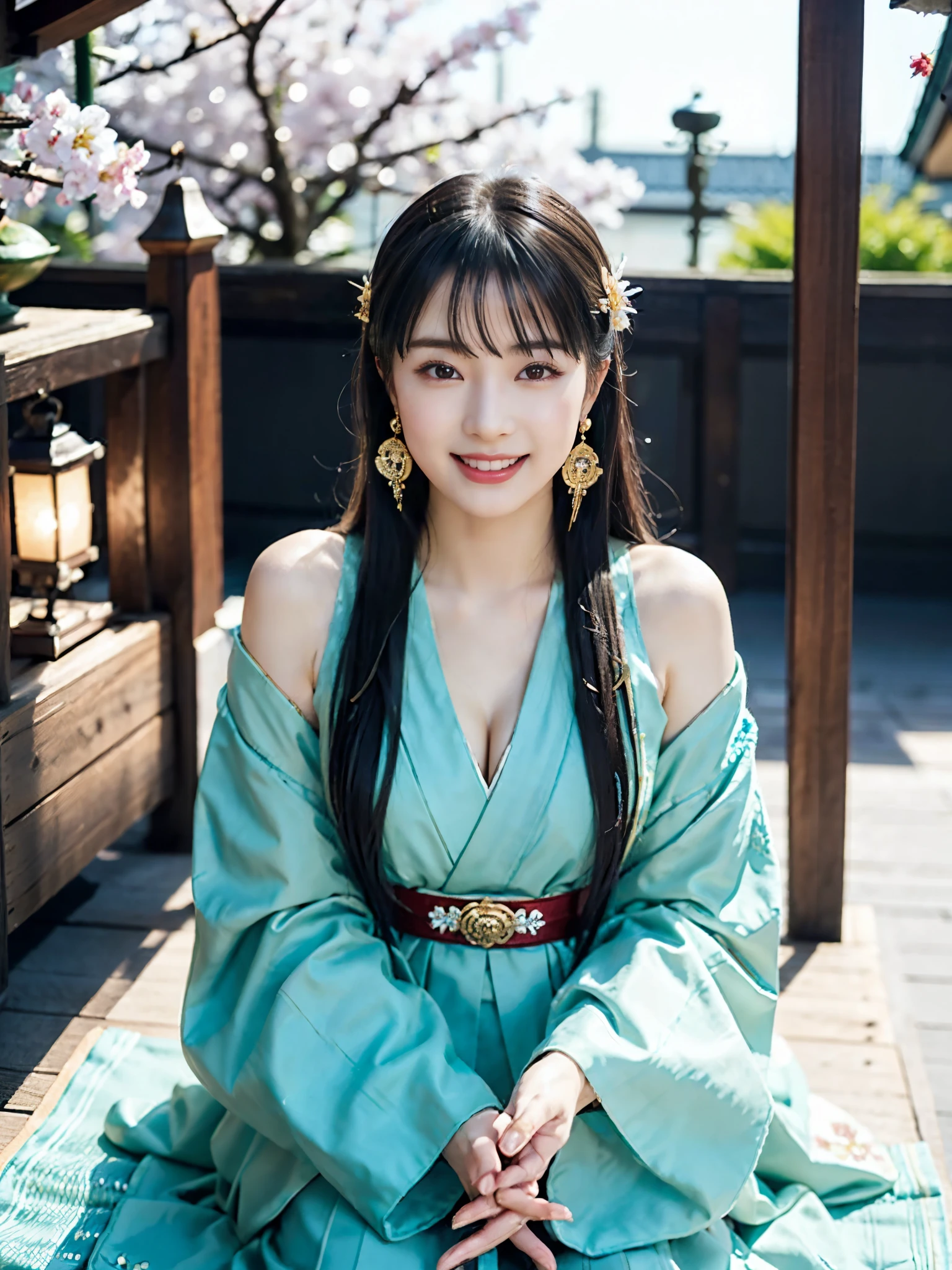 A girl , idol, detailed shrine maiden clothes, Full body shot, turquoise blue and gold shrine maiden clothes, Luxury shrine maiden clothes with detailed embroidery, bare shoulders, long hair, wearing transparent , best quality, (hair ornament:1.35), jewelry, earrings, cherry blossoms, lantern light, depth of field, detailed face, face focus, ribbon_trim, (looking at viewer:1.25), nontraditional miko, shiny skin, long sleeves, Beautiful firm cleavage, beautiful clavicle. big smile , thick lips, (blurry background:1.2), sitting, from below, Chinese style
