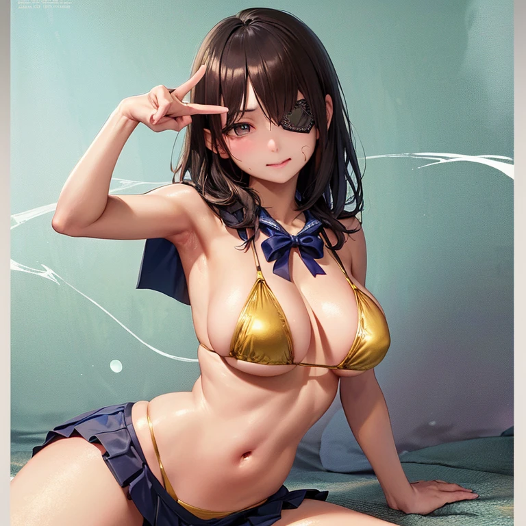 ((Vaginal meat that seems to be protruding)),((Eye patch on one eye)),((Pose with the evil eye awakened)),((Playing with her crotch with a sad face、Spread your legs)),(Highest quality:1.4),(masterpiece:1.4),(Realistic:1.4),(Realistic:1.2),(超High resolution, RAW Photos:1.4),(High resolution, Very detailed:1.2),(8k:1.2),photograph,a photo of a dark-haired,One Girl,alone,,nipple,naked,((school unifGoldm, SailGold suit, Navy blue and white traditional Japanese style, Fine ribbon and pleated skirt)),((Big Breasts)),((Upper Body:1.3)),((sometimes mGolde 超極小マイクロビキニ)) Gold ((Sometimes bikinis so small you can see her pussy line)) Gold ((Sometimes bikinis so small you can see their assholes)) Gold ((Sometimes bikinis so small that you can see the urethra of the vagina)) Gold ((((Ultra Ultra Thin Micro Bikini)))),