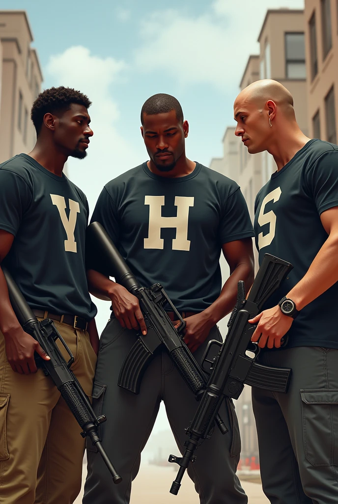Three men, one dark-skinned and two skin-colored, with weapons and on their shirts the letter (s) the other the letter (k) and the other (D) dos hombres son de color piel blanca and the other es moreno 