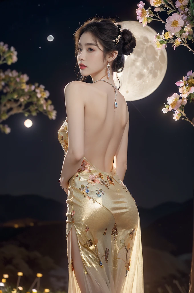 (((best quality))),(((ultra detailed))),(((masterpiece))),illustration,((1 girl,solo)),(neat chignon:1.2),(beautiful face:1.3),((earrings,crystal necklace)),((slim,thin)),((bare back,towering hips,butt crack)),(stockings:1.3),(a moon in the clear night sky as the background:1.3), gentle glow,(Standing in the world full of vibrant flowers:1.3),(gorgeous sheer Chinese dress:1.3),sparkling eyes,graceful,(surrounded by crowded colorful flowers:1.5), kaleidoscope, shimmer,bright moonlight, delicate petals, fragrance, otherworldly, magical realm, enchantment, tranquility, essence of beauty, peace,(outdoor:1.2),(night scene:1.3),((from back,upper body))