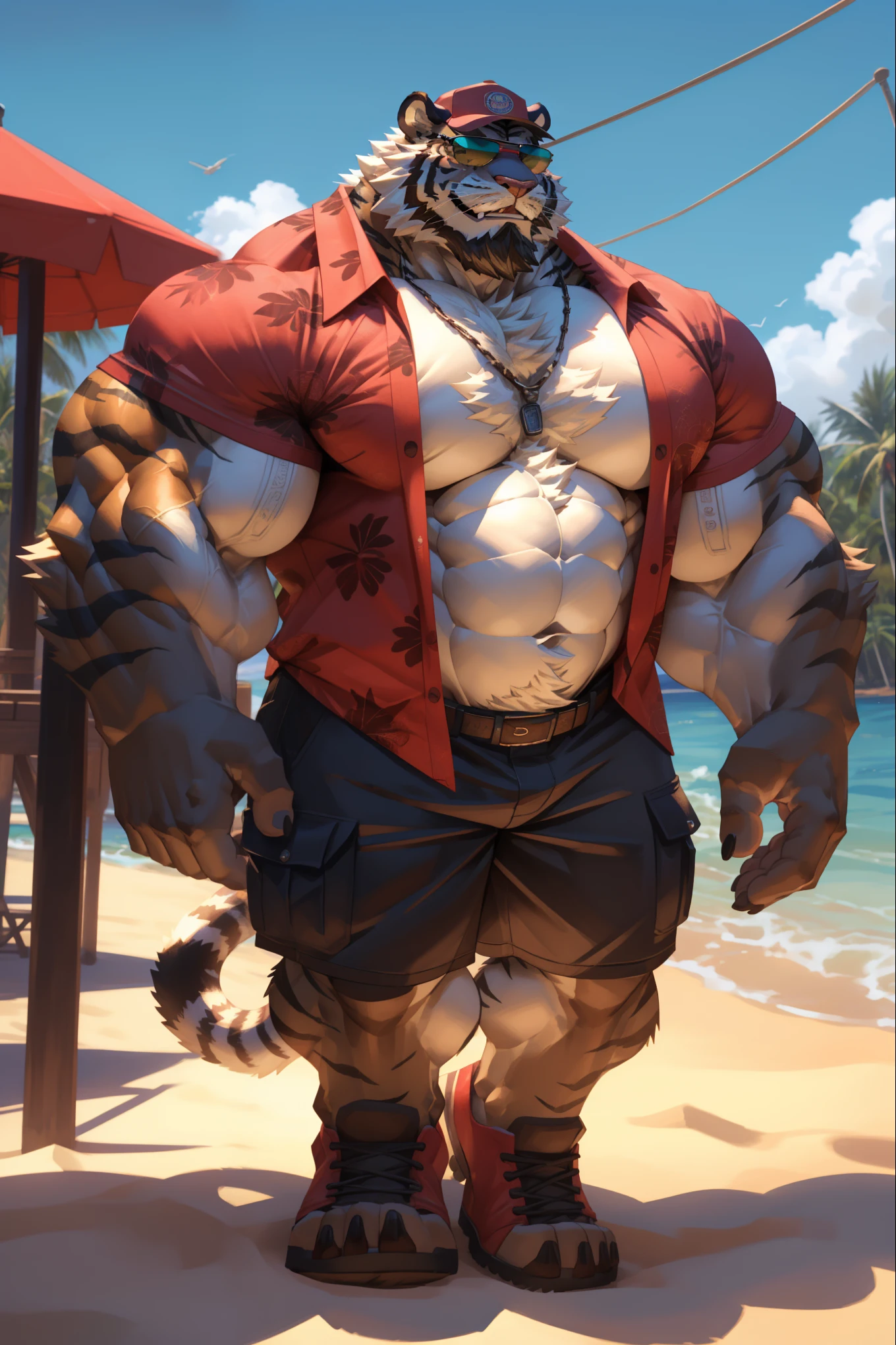 1boy, 1man, solo, a (furry tiger) walking, (face, detailed face, bearded, white beard, thick mustache), (sunglasses), baseball hat, beach, extremely huge muscular, massive muscular , sixpack , (Hawaiian shirts, cargo shorts), well-muscled old man. ((extremely muscle size, super thick arms, huge pec, hyper pec, bigger chest, extremely wide pectoral , huge arms)), wide smiling. Add textures and details to make the image more realistic, such as the appearance of the. Make sure the resulting image is high resolution, 8K quality