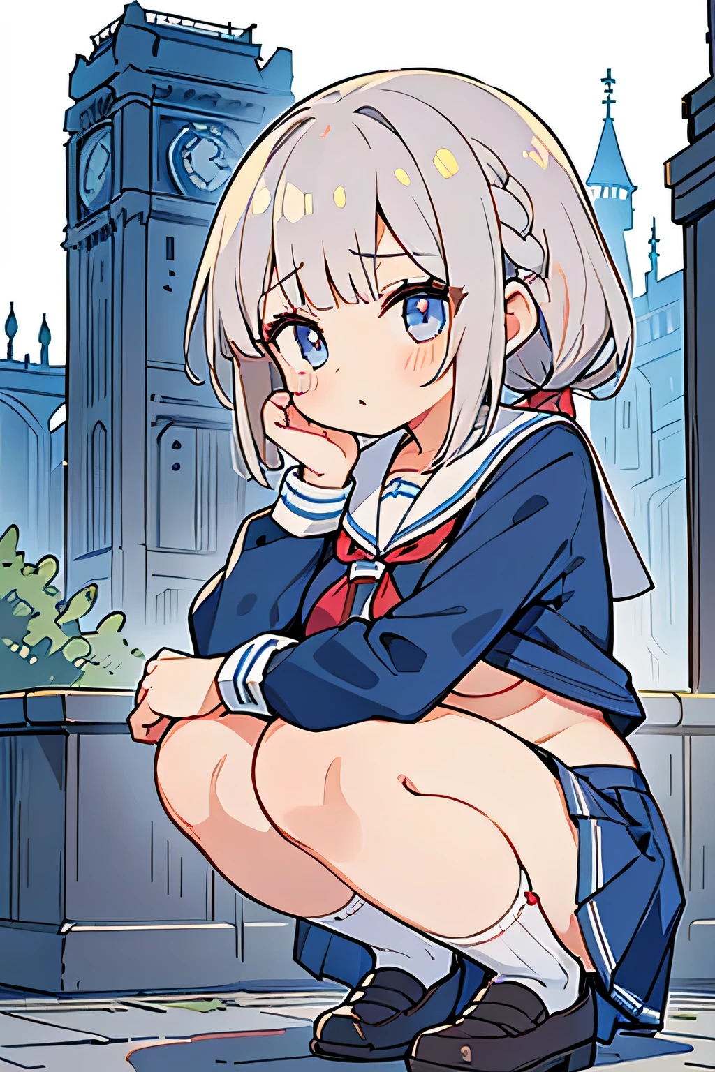 Highest quality、High resolution、Detailed Background、(Beautiful face in every detail:1.4)、Highly detailed face、(Detailed eyes:1.3)、Teenage beauty、Anatomically correct、Normal number of fingers、(Huge breasts:1.2)、Attractive thighs、Perfect body line、Braided bob cut、ponytail、Braided twin tails、Shiny navy blue sailor suit、White sailor collar、Checkered pleated skirt、White Stockings、No sleeve、Show your side、Cute gestures、Look at me with cold eyes、Panty shot、(underboob:1.3)、(A girl squatting with a landmark in the background:1.5)、Shoot from below、Tower of London、Buckingham Palace、cute