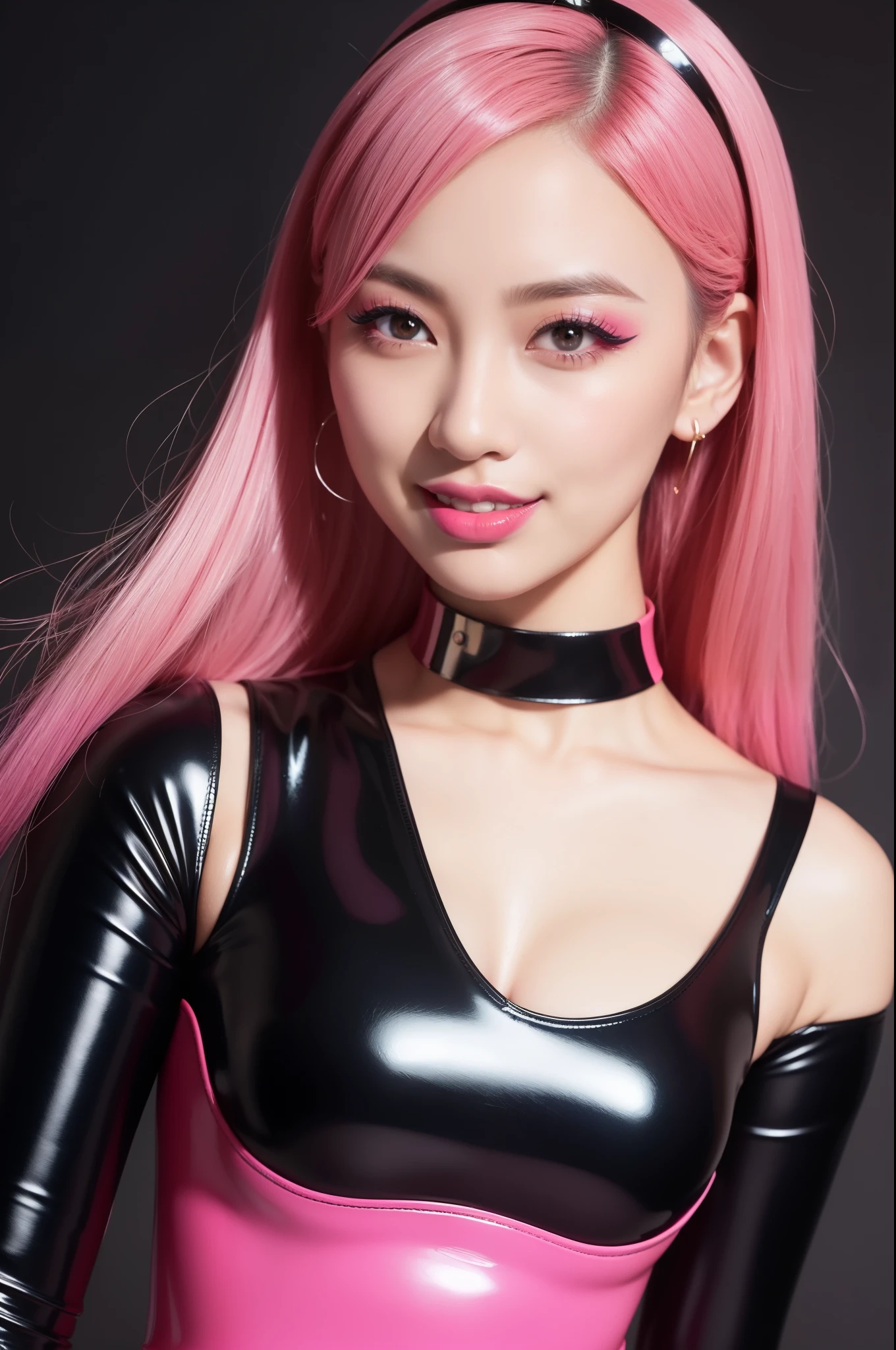 nsfw、sexy asian fashion model、glossy lipstick、smiling face、defined eyebrows、ultra detailed drama makeup、long lashes、full body Esbian、ultra detailed latex business dress(neon pink)、latex choker、latex bracelets、Colorful hair