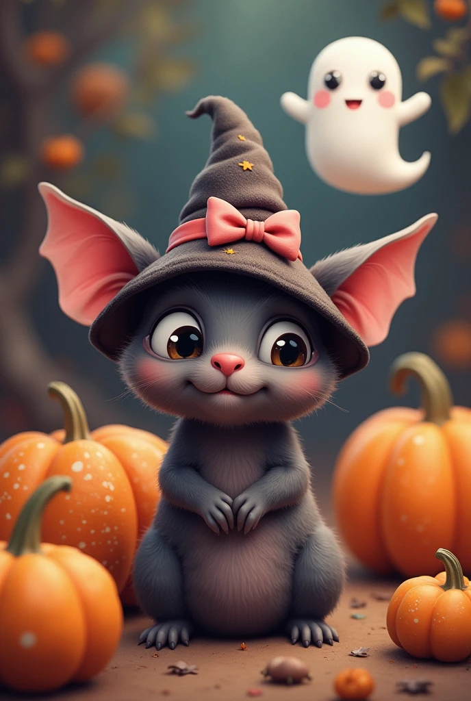 A cute bat with big eyes and a witch hat on its head in front of a background with pumpkins and a cute little ghost with a pink bow in grey with speckled dots 