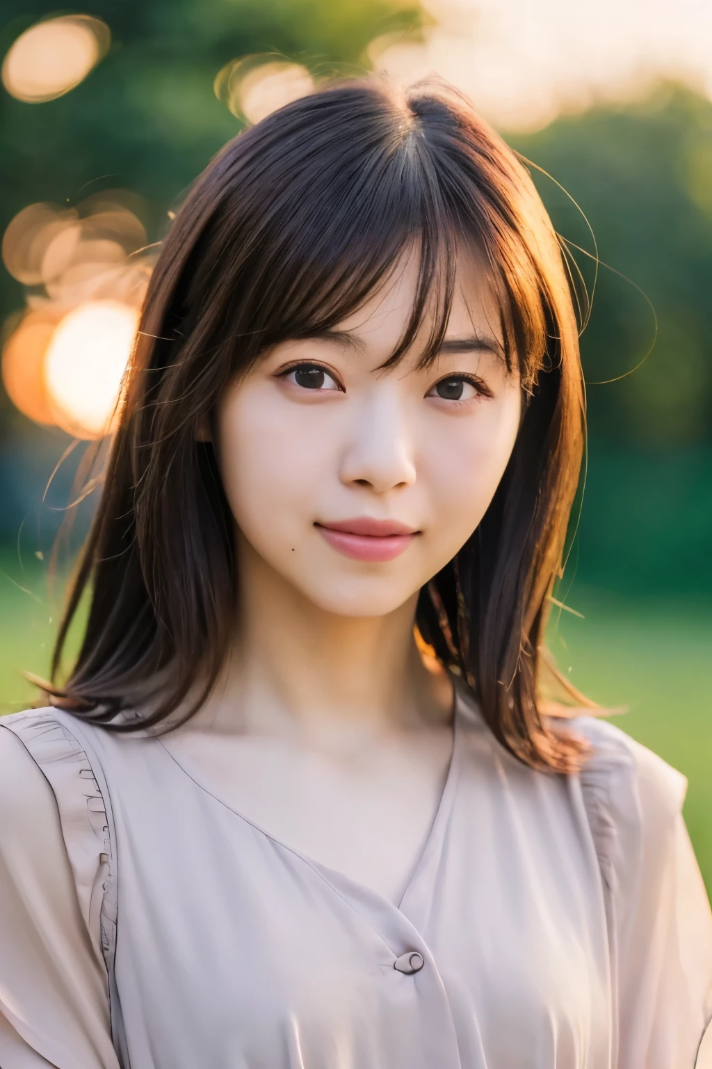 1 Japanese lady, 40 years old, Extremely beautiful, (Extremely cute), (extremely detailed beautiful face), Amazing face and eyes, rather dense hair, various hair style, slightly brighter eyes, normal makeup, (Mini dress with camisole), (Best Quality:1.4), (Ultra-detailed), extremely detailed CG unified 8k wallpaper, A hyper-realistic, (Photorealsitic:1.4), Raw photography, professional photograpy, Cinematic lighting, Realistic portrait, ((Bokeh)), (depth of fields:1.4), (View photographer:1.3), (in a Park with a pond), Small breasts, extremely thin waist, (full body Esbian), Accurate eyes, Beautiful mouth, (Keep your mouth completely closed), (early evening:1.3), (look at a camera), (brilliant sunset:1.25), no sleeves, Melancholy look