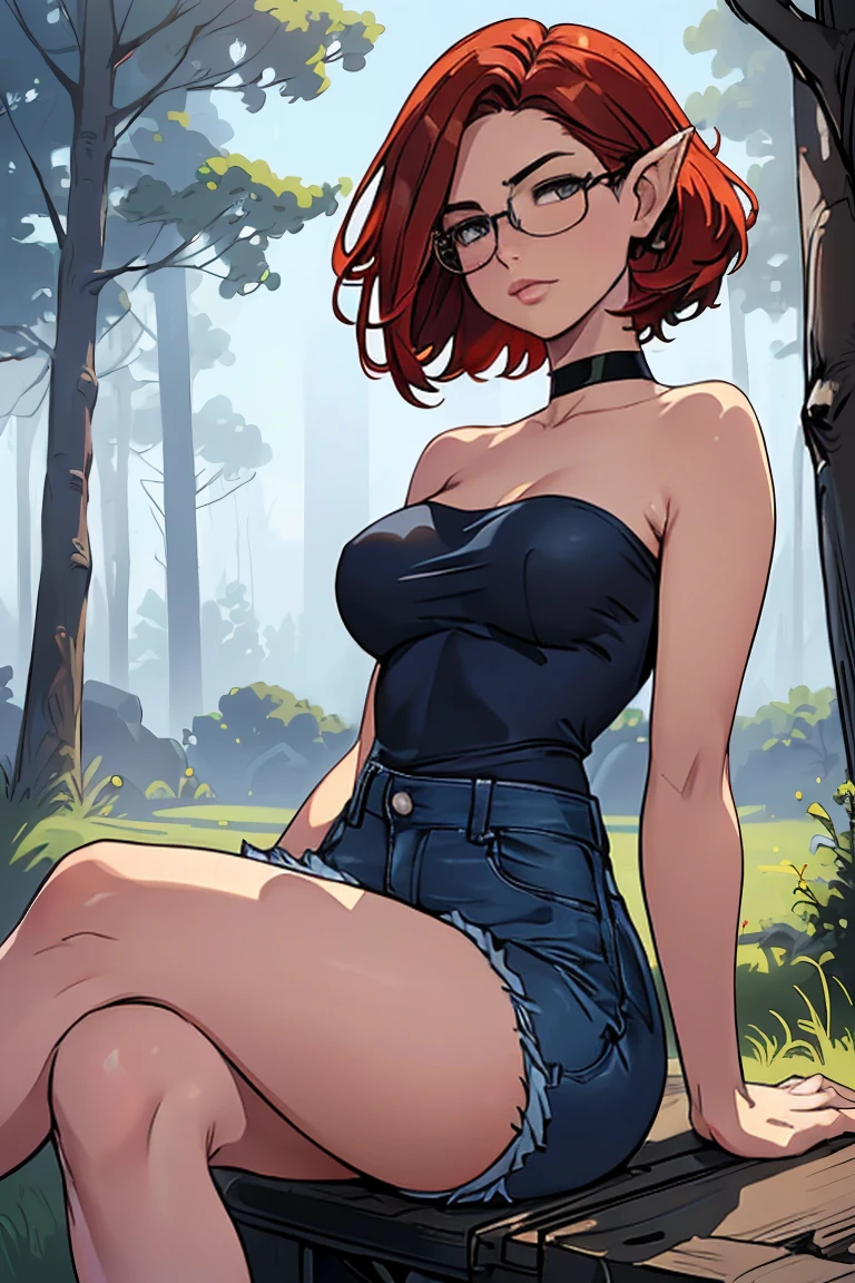 1girl, beautiful elf woman, ((Short Red Hair, Straight, has shine)) Blue eyes, double eyelids, light effect on eyes, detailed irises, beautiful curvy body, glasses, ((Blue Denim Sleeveless Strapless tight tee shirt covering chest)), black choker, tiny blue denim mini shorts, black high heels, ((Work of art, hyper-realistic, hyper detailed, Best Quality, 16k, light and shadow on skin, vivid colors)), ((Sitting Leaning back, legs crossed, on grassy field in forest)), Lustful Expression, perfect lips, sexy mature face, lots of freckles all over body, full pouty lips, extreme blush, sensual smile, night time, moonlit sky, ((Front View))