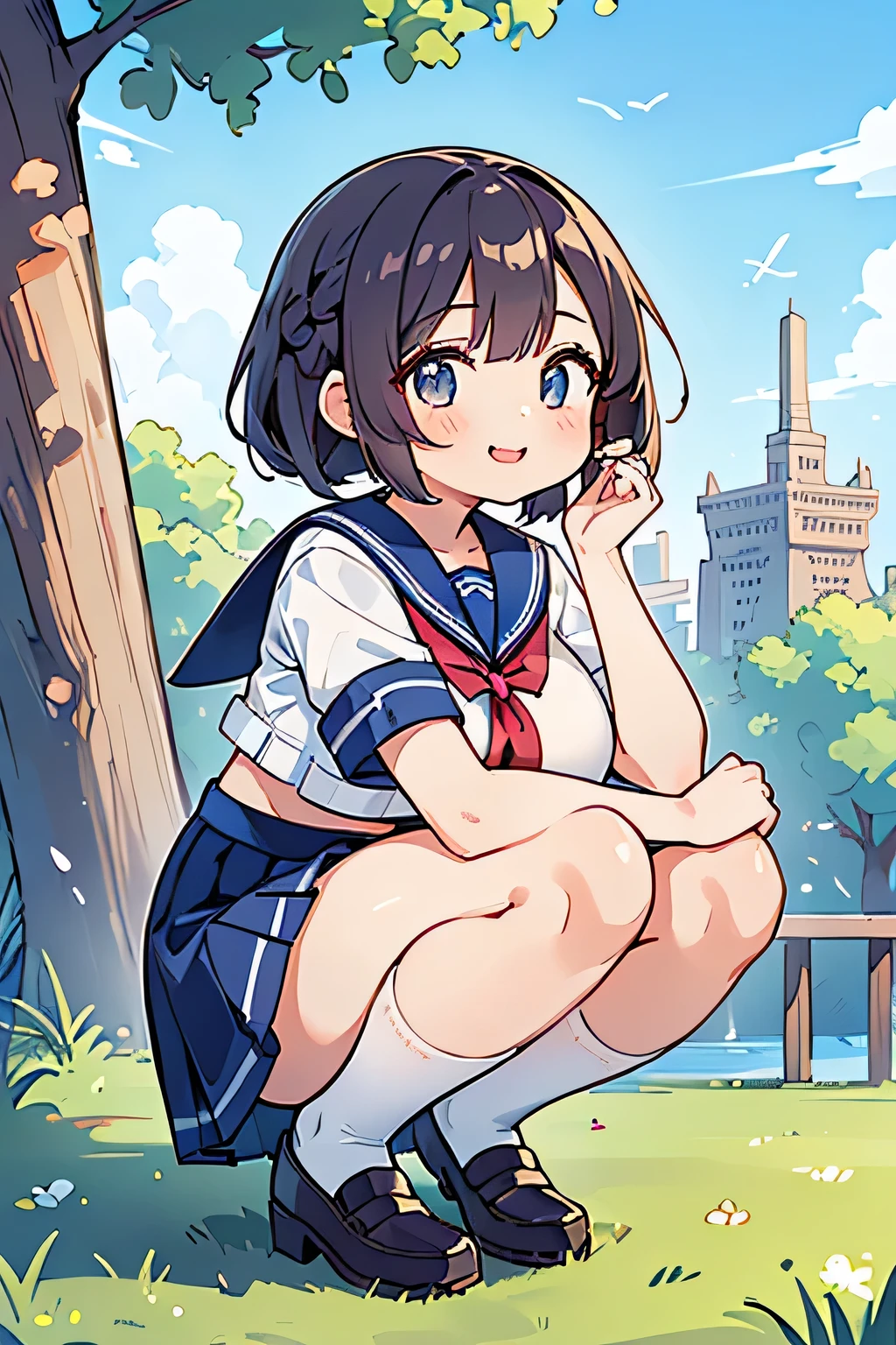 Highest quality、High resolution、Detailed Background、(Beautiful face in every detail:1.4)、Highly detailed face、(Detailed eyes:1.3)、Teenage beauty、Anatomically correct、Normal number of fingers、(Huge breasts:1.2)、Attractive thighs、Perfect body line、Braided bob cut、ponytail、Braided twin tails、Shiny navy blue sailor suit、White sailor collar、Checkered pleated skirt、White Stockings、No sleeve、Show your side、Cute gestures、A big smile、smile、Panty shot、(underboob:1.3)、(A girl squatting with a landmark in the background:1.5)、Shoot from below、Sky tree、cute