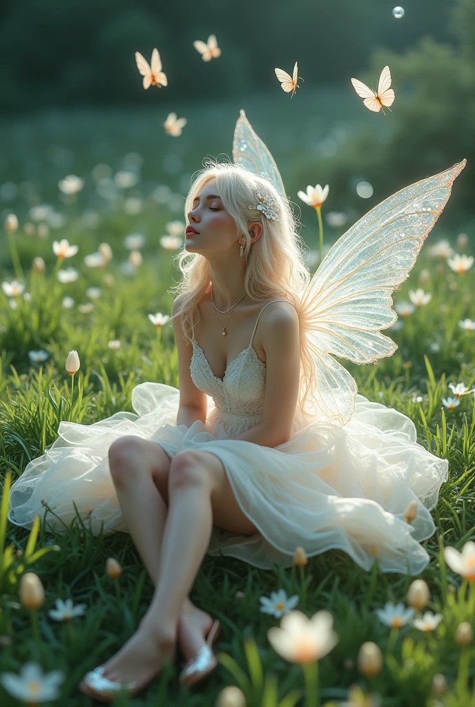 masterpiece, photorealistic, 8K, ultra high resolution, Long shot profile portrait photo of a beautiful a fairy with hologram-colored hair and a white lolita dress and glass shoes is lying on green grass with lily flowers during the day. she is lying, widely spread, opened legs, masturbation. There are hologram soap bubbles and hologram colored butterflies.