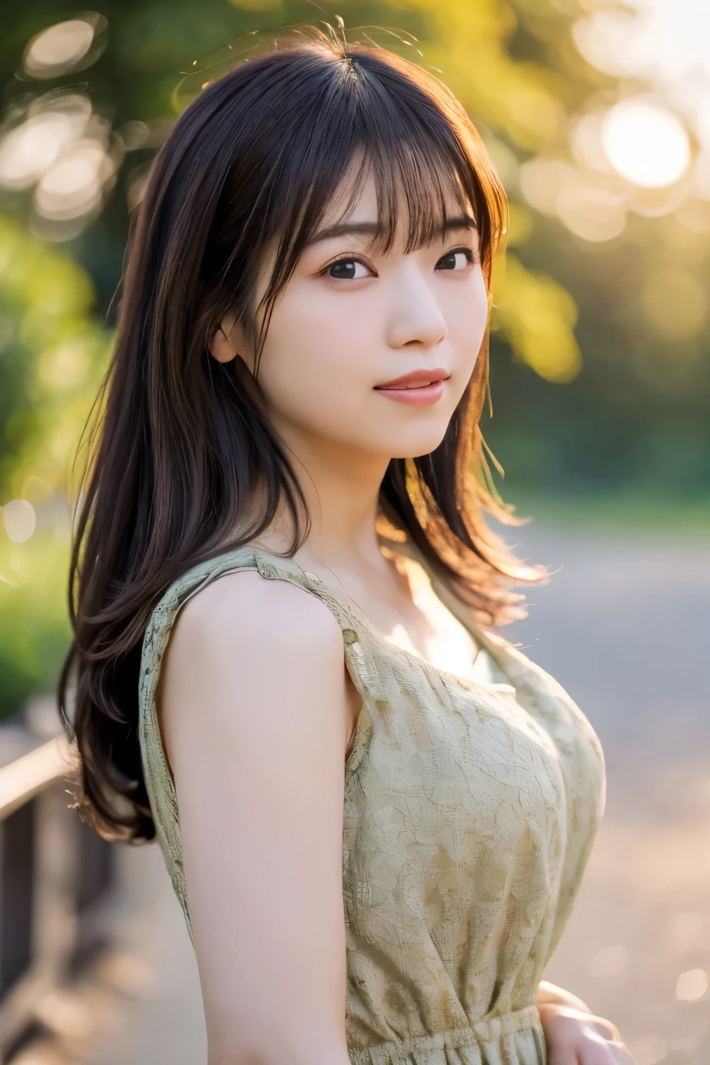 1 Japanese lady, 40 years old, Extremely beautiful, (Extremely cute), (extremely detailed beautiful face), Amazing face and eyes, rather dense hair, various hair style, slightly brighter eyes, normal makeup, (Mini dress with camisole), (Best Quality:1.4), (Ultra-detailed), extremely detailed CG unified 8k wallpaper, A hyper-realistic, (Photorealsitic:1.4), Raw photography, professional photograpy, Cinematic lighting, Realistic portrait, ((Bokeh)), (depth of fields:1.4), (View photographer:1.3), (in a Park with a pond), Small breasts, extremely thin waist, (full body Esbian), Accurate eyes, Beautiful mouth, (Keep your mouth completely closed), (early evening:1.3), (look at a camera), (brilliant sunset:1.25), no sleeves, Melancholy look