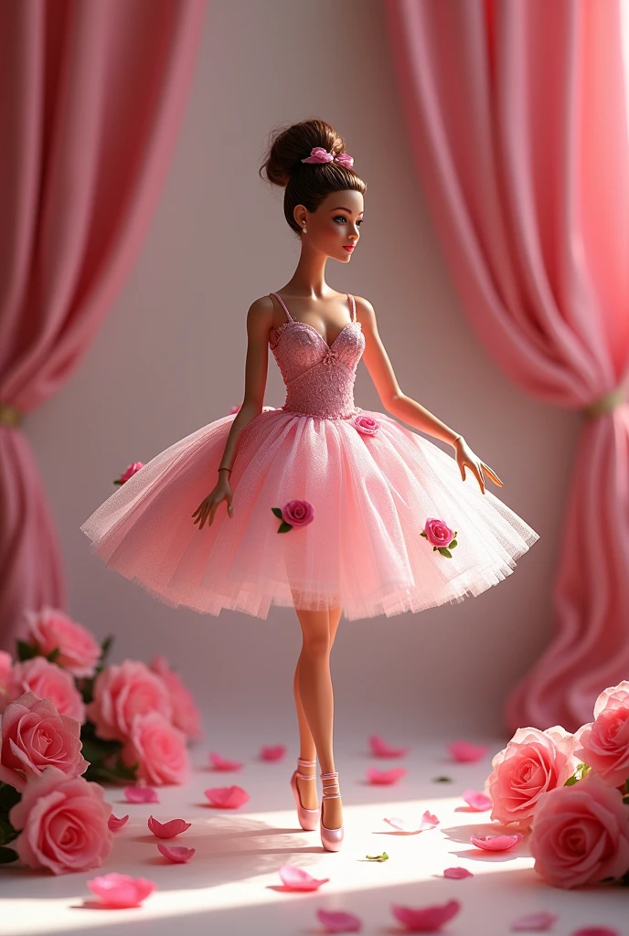 Barbie as a ballerina in a bellerina dress with roses on it. It teh background there are pink curtains and roses