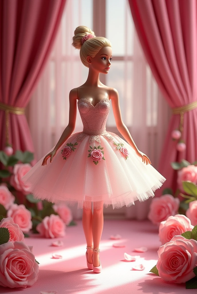 Barbie as a ballerina in a bellerina dress with roses on it. It teh background there are pink curtains and roses
