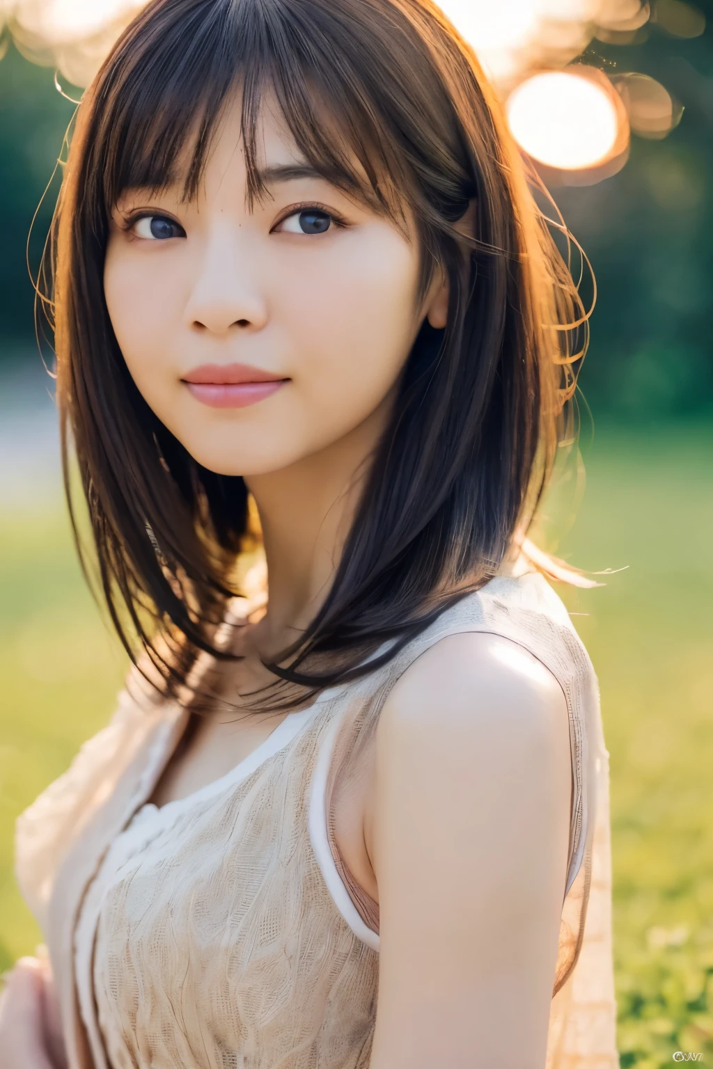 1 Japanese lady, 40 years old, Extremely beautiful, (Extremely cute), (extremely detailed beautiful face), Amazing face and eyes, rather dense hair, various hair style, slightly brighter eyes, normal makeup, (Mini dress with camisole), (Best Quality:1.4), (Ultra-detailed), extremely detailed CG unified 8k wallpaper, A hyper-realistic, (Photorealsitic:1.4), Raw photography, professional photograpy, Cinematic lighting, Realistic portrait, ((Bokeh)), (depth of fields:1.4), (View photographer:1.3), (in a Park with a pond), Small breasts, extremely thin waist, (full body Esbian), Accurate eyes, Beautiful mouth, (Keep your mouth completely closed), (early evening:1.3), (look at a camera), (brilliant sunset:1.25), no sleeves, Melancholy look