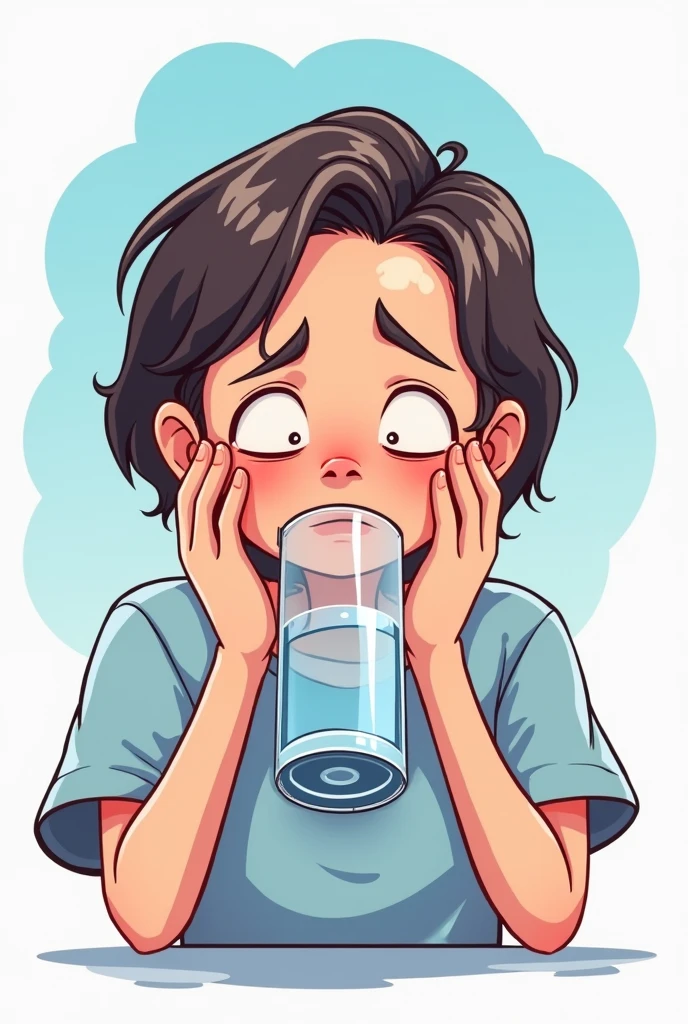 I&#39;m looking for an illustration of the sensation of being very thirsty, with a pale face with the following style: drawing style: Modern and vector, with smooth, clean lines, and vibrant colors. Cartoonish but realistic. Color: Using a palette of bright and contrasting colors that are pleasant and eye-catching. FORMAT: Illustrations arranged in a book or manual style. This illustration is intended for a guidance and training manual, so it must be clear, accessible and visually appealing."
