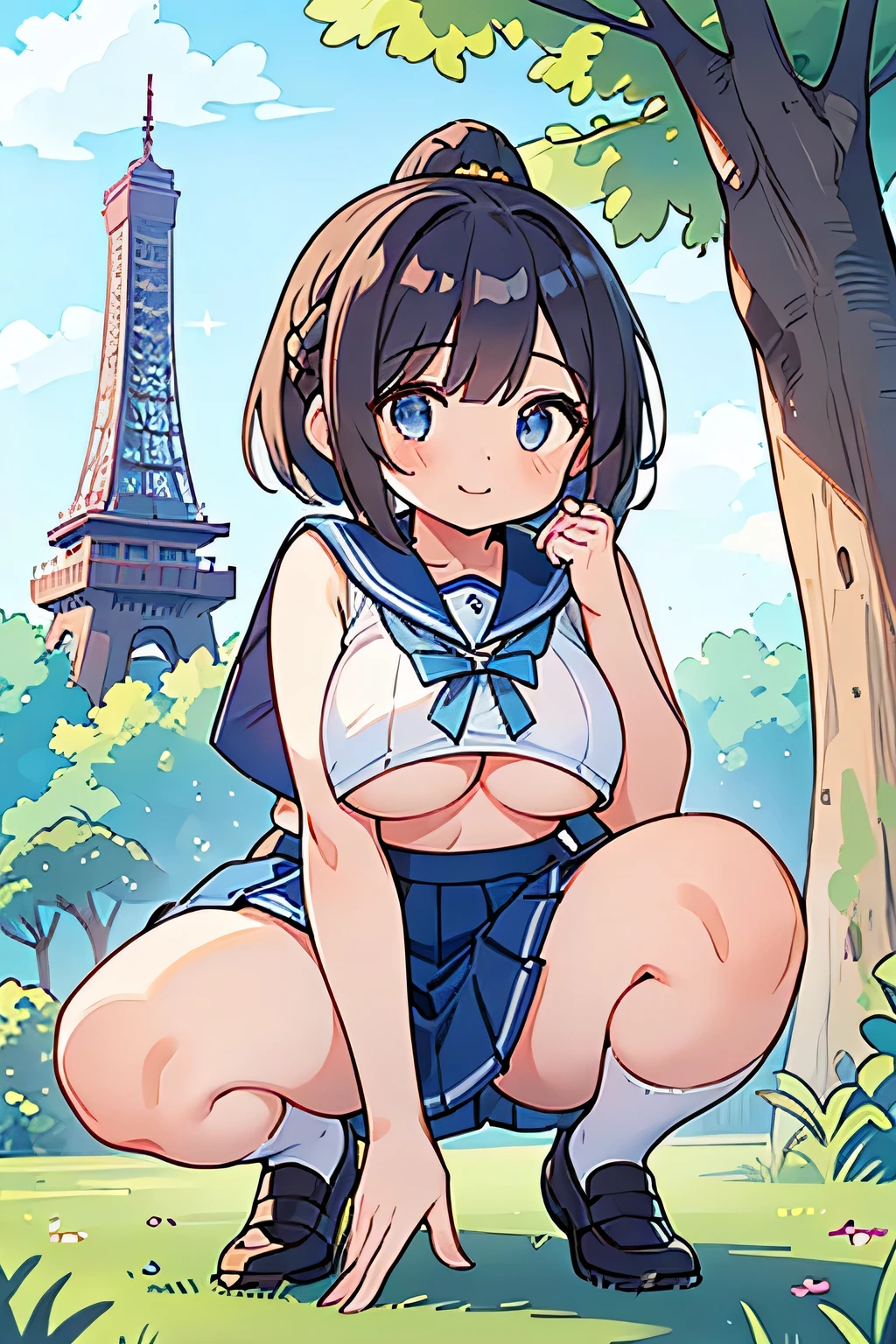 Highest quality、High resolution、Detailed Background、(Beautiful face in every detail:1.4)、Highly detailed face、(Detailed eyes:1.3)、Teenage beauty、Anatomically correct、Normal number of fingers、(Huge breasts:1.2)、Attractive thighs、Perfect body line、Braided bob cut、ponytail、Braided twin tails、Shiny navy blue sailor suit、White sailor collar、Checkered pleated skirt、White Stockings、No sleeve、Show your side、Cute gestures、A big smile、smile、Panty shot、(underboob:1.3)、(A girl squatting with a landmark in the background:1.5)、Shoot from below、Sky tree、cute