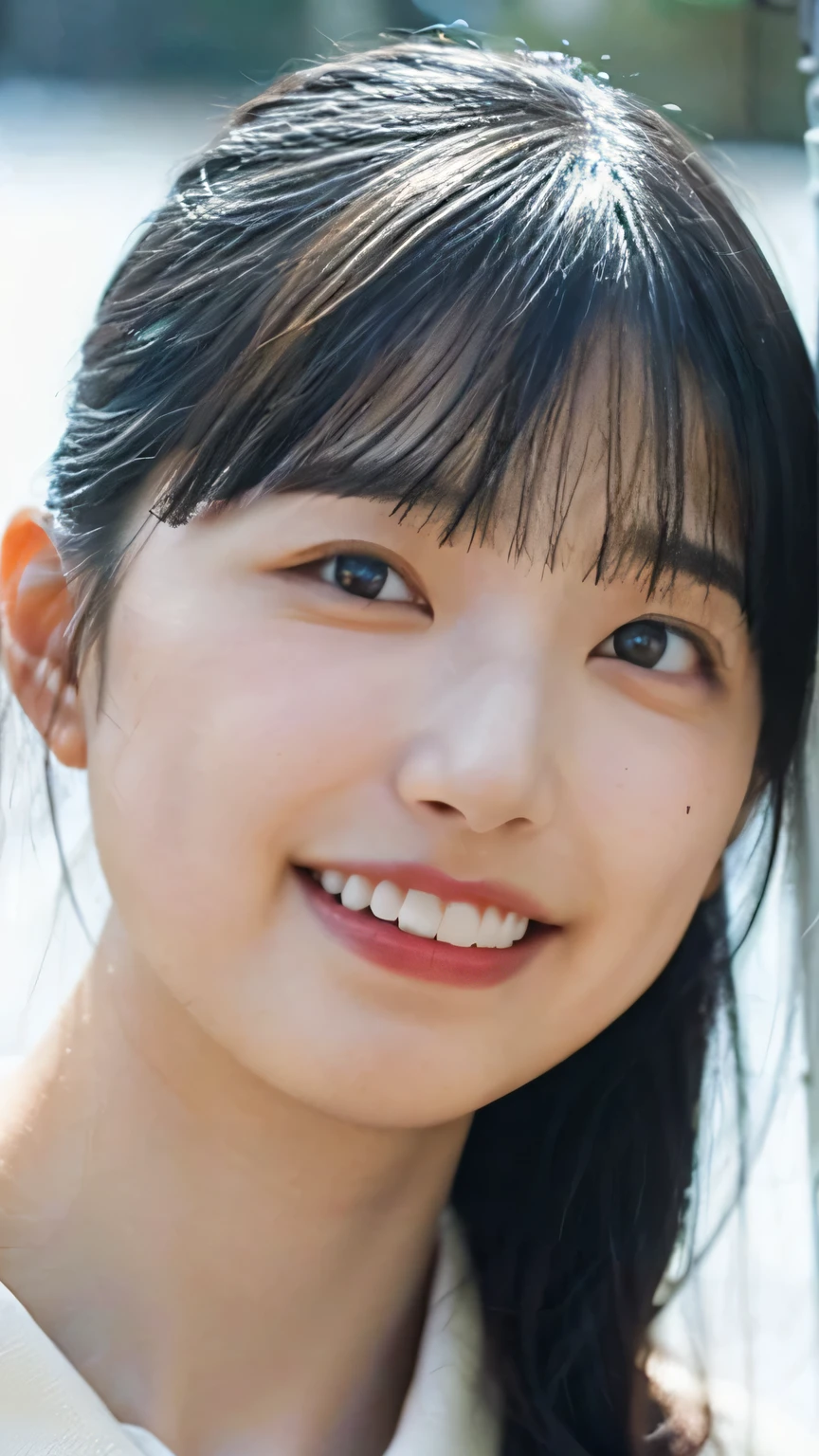 masterpiece, Highest quality, 8k,Ultra-high resolution、(((Close-up photo of the face)))、 cute, alone, smile、smile、 cute, cutesmile、delicate, Pure beauty,  RAW Photos, Professional photography, Soft Light, Professional Lighting, Backlight, Looking into the camera, Sophisticated, Film Grain, (Eye and facial details:1.0), Floating Hair、Short Bob、,Asymmetrical bangs, Round face、Young Face、Translucent white skin