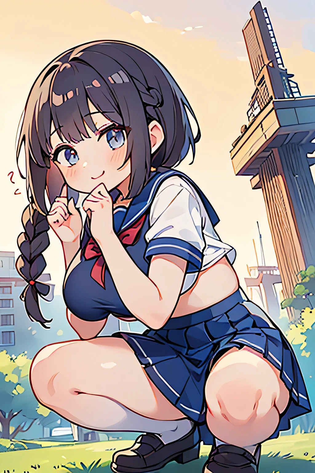 Highest quality、High resolution、Detailed Background、(Beautiful face in every detail:1.4)、Highly detailed face、(Detailed eyes:1.3)、age beauty、Anatomically correct、Normal number of fingers、(Huge breasts:1.2)、Attractive thighs、Perfect body line、Braided bob cut、ponytail、Braided twin tails、Shiny navy blue sailor suit、White sailor collar、Checkered pleated skirt、White Stockings、No sleeve、Show your side、Cute gestures、A big smile、smile、Panty shot、(underboob:1.3)、(A girl squatting with a landmark in the background:1.5)、Shoot from below、Sky tree、cute