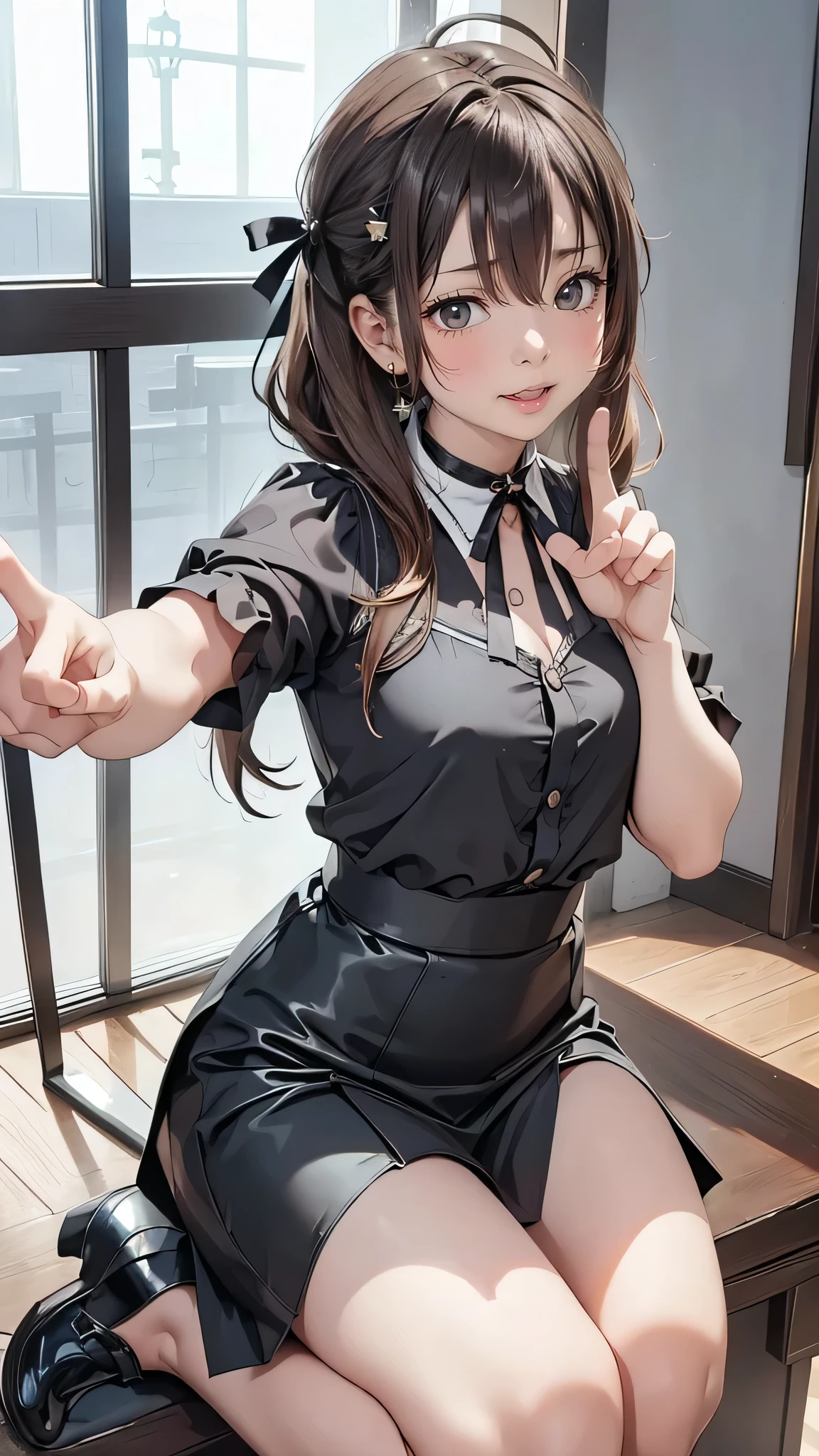 ((((Open your mouth))))、masterpiece,highest quality,High resolution,Ultra-detailed,bb Festival,meだium hair,skinny,Ahoge,Brown Hair,((((( seductive smile ))))),skinny,Hair between the eyes,bangs,Hair Ribbon,Black Choker,Earrings,Black Ribbon,plaiだ shirt,Grey Shirt,shoulだer cutout,Short sleeve,See-through sleeves,Black Skirt,High Waist Skirt,race,(( perfect finger )) , shoes下,(black shoes下:1.4),race trim,shoes,Black footwear,Indoors,(Cafe:1.2),((Blowjob gestures:1.5))、open the mouth ,Sitting,Chair,heavy breathing ,