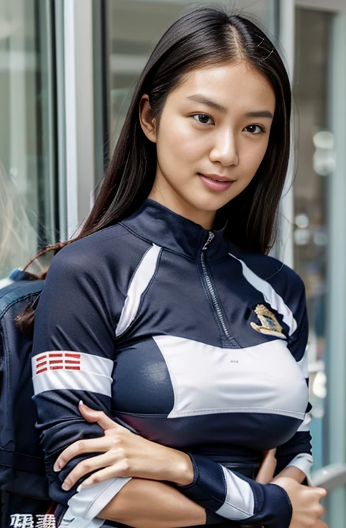 Best image quality, Great details, Ultra-high resolution, (realism: 1.4), ((close:0.75)), A very condensed woman, Beautiful and delicate facial features, Perfect Proportions, Target your audience, ((Target your audience)), (slim、:0.3, Large Breasts), (Fabric color base ratio Black:0.4 White:0.5. Other colors:0.1), (Wear a rash guard、I like police uniforms, Black and grey mech, Wearing a high-tech nylon military suit, ), captain, Background Simple gray wall,