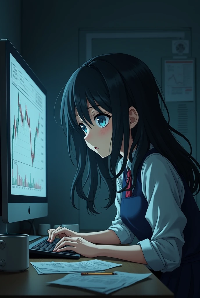 Bad trader,trend,Looking at the charts,PC is struggling,Japanese style anime woman,Has the eyes of a dead fish